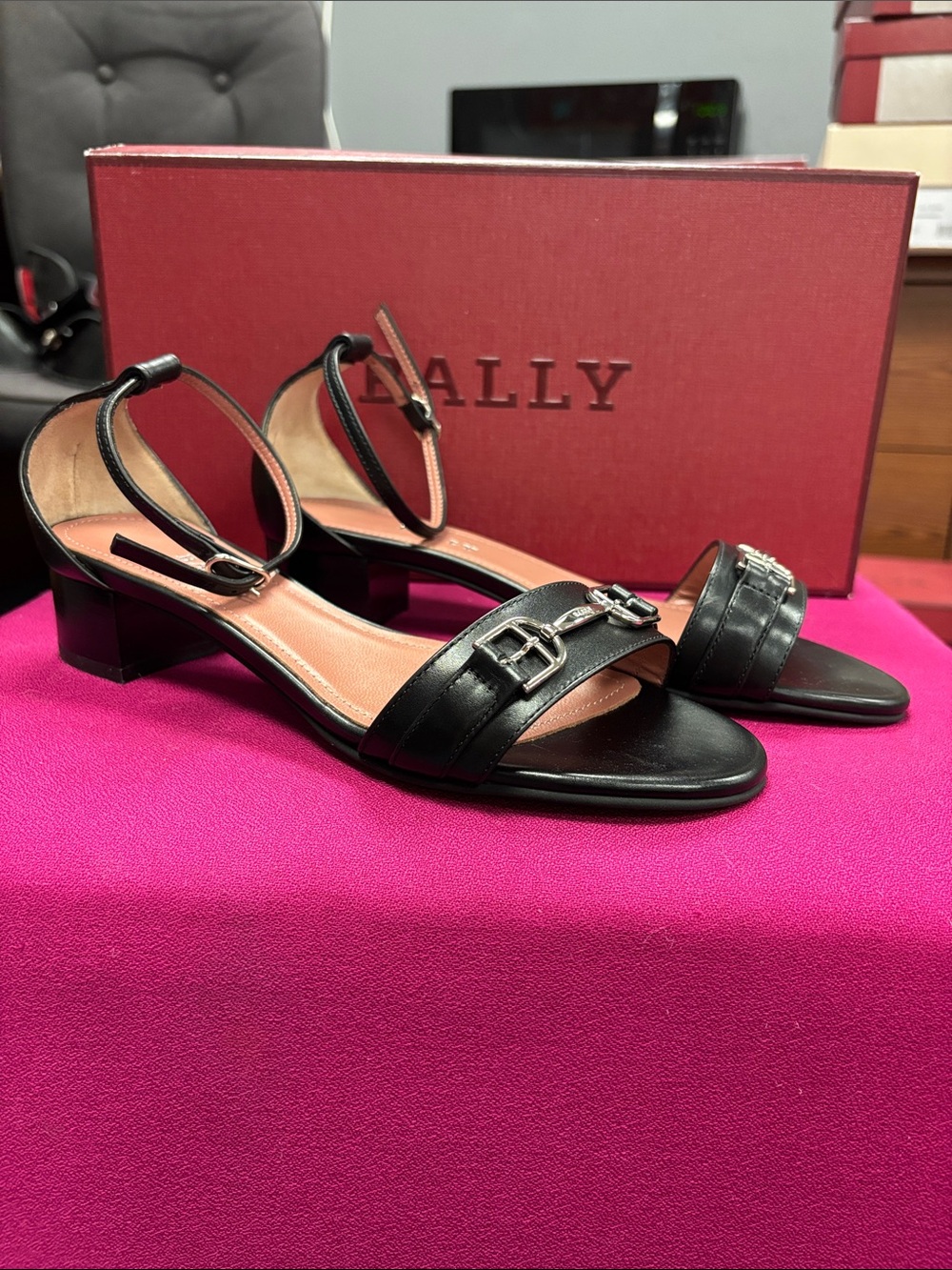 Bally Black Leather Buckle Ankle-Strap Sandals